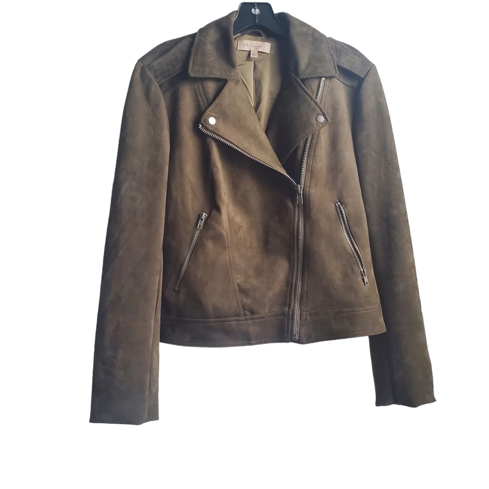 Philosophy Faux Suede Deep Olive Green Moto Jacket Asymmetrical Zip Size Large